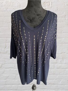 Red 23 Navy Studded V-Neck Short Sleeve Tops - oversized